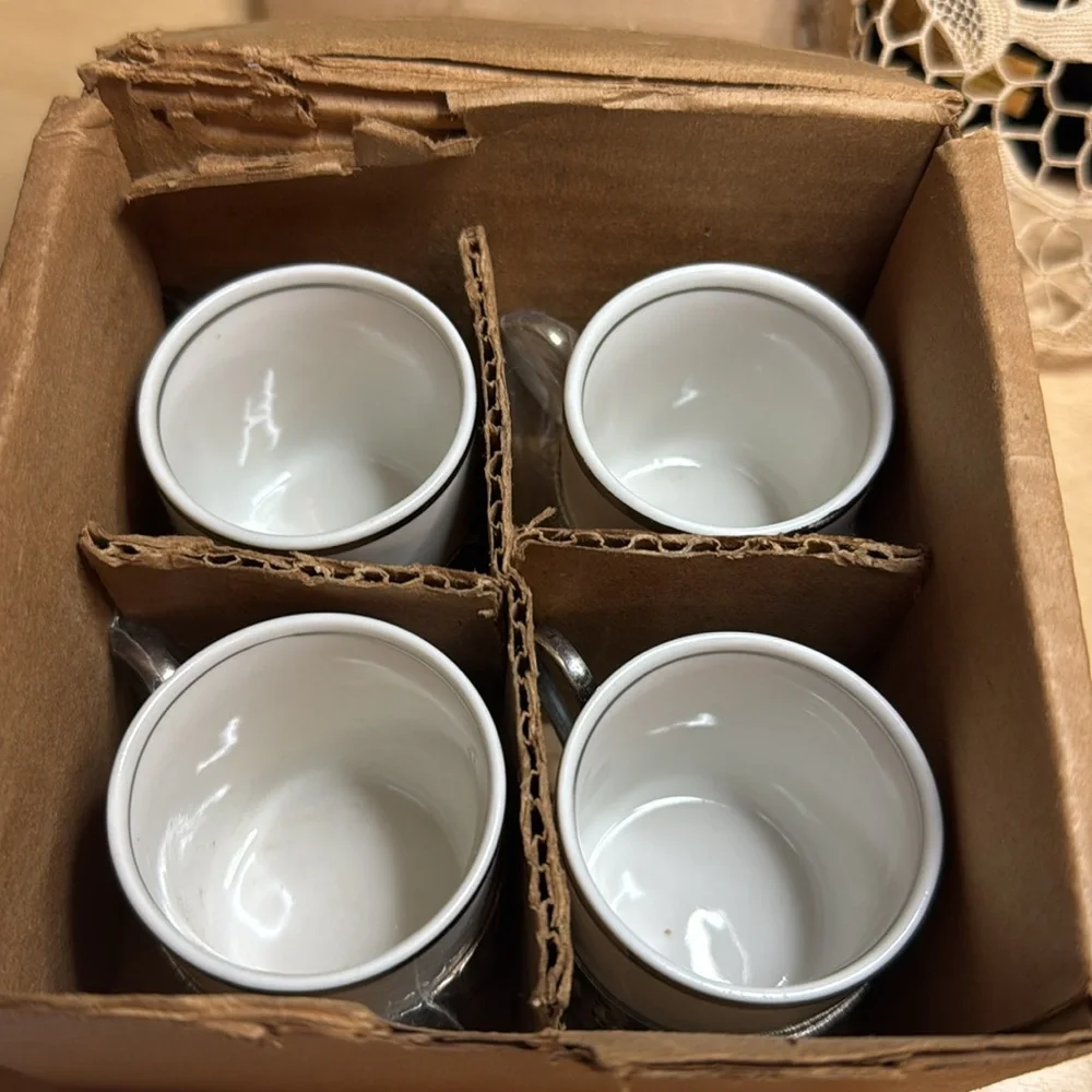 NIB Vera Cruz porcelain espresso cups w/silver trim & silver plate holders